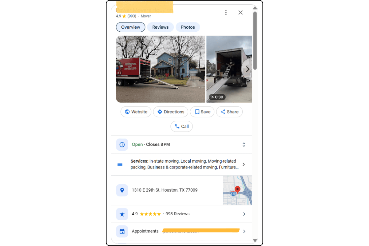 Google Business Profile for movers