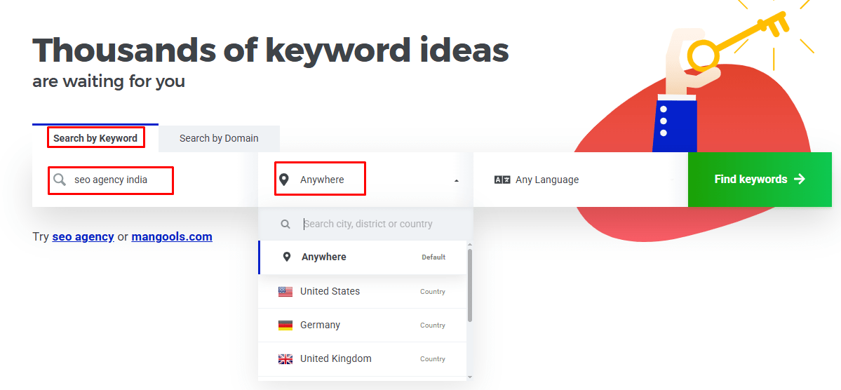 KWFinder search screen with “SEO agency India” entered and the United States selected as the target country