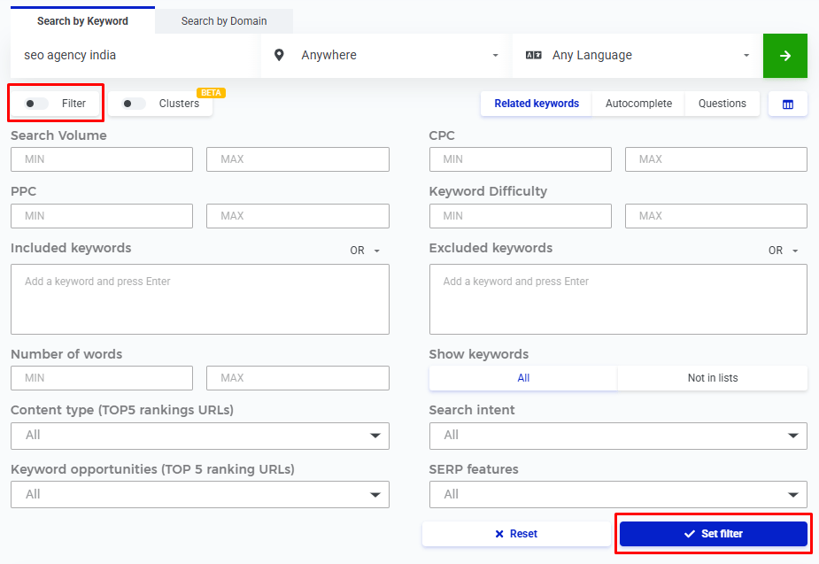 KWFinder filter panel for narrowing keyword results by search volume, difficulty, and included or excluded words.