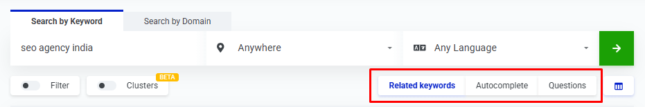 KWFinder keyword ideas interface with Related Keywords, Autocomplete, and Questions tabs.