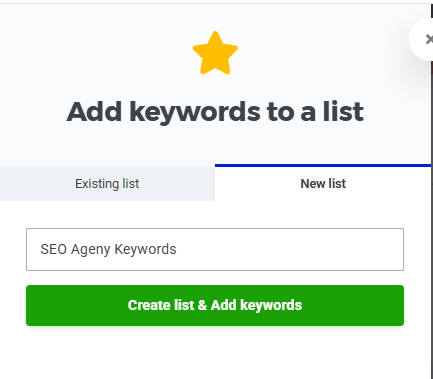 KWFinder keyword list with selected terms organized and saved for later use.