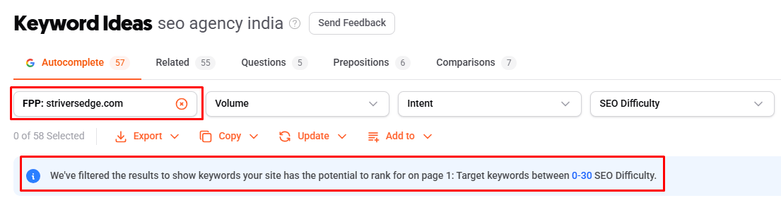 Ubersuggest First Page Potential view estimating a website’s ability to reach the first page for a keyword.