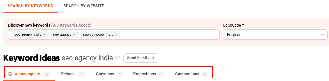 Ubersuggest keyword results with Questions, Comparisons, Prepositions, and Related keyword tabs.